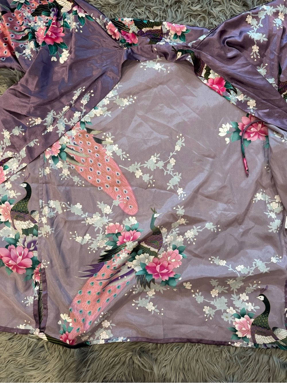 EUC Purple Floral Satin Kimono Robe with Peacocks and Flowers - Picture 6 of 9